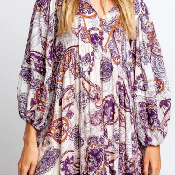 Band Of The Free Lyonnette Paisley Boho Long Sleeve Mini Dress Size S Peasant - Picture 1 of 12